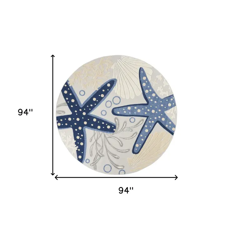 8' Navy Blue And Gray Round Starfish Indoor Outdoor Area Rug