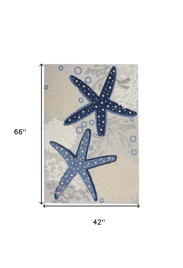 4' X 6' Navy Blue And Gray Starfish Indoor Outdoor Area Rug
