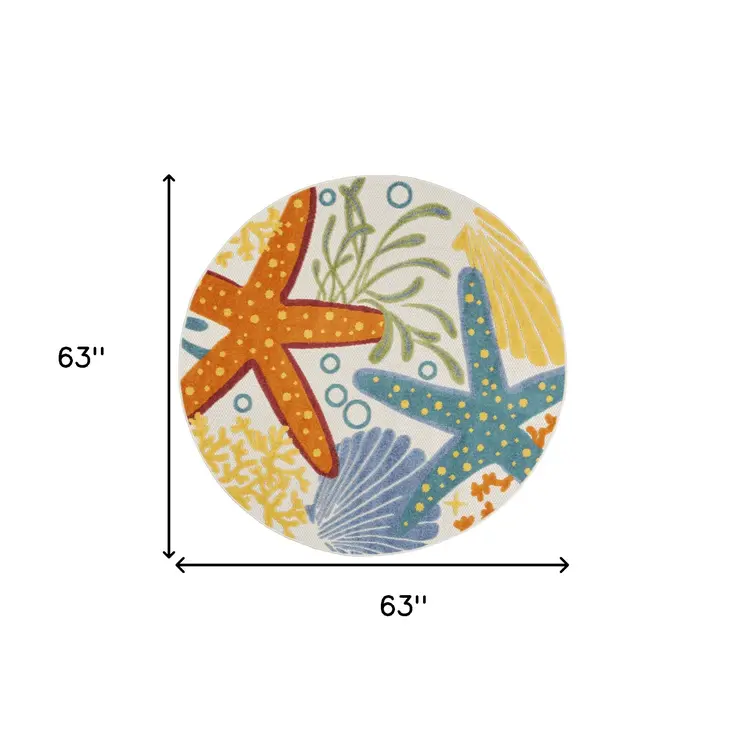 5' Blue Yellow And Orange Round Starfish Indoor Outdoor Area Rug