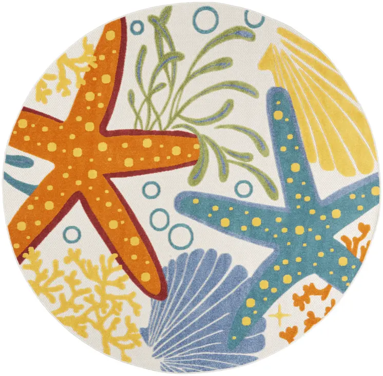 8' Blue Yellow And Orange Round Starfish Indoor Outdoor Area Rug