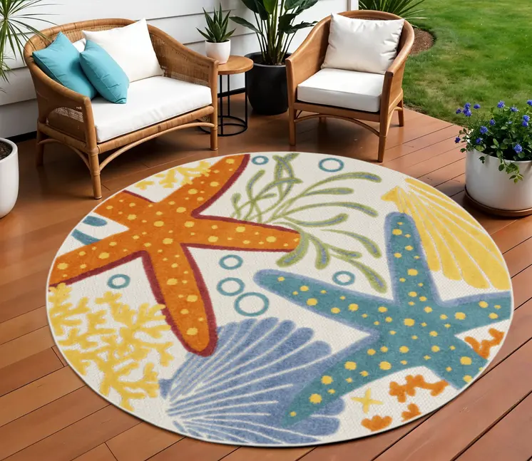 8' Blue Yellow And Orange Round Starfish Indoor Outdoor Area Rug