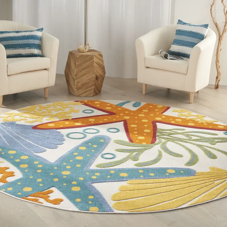 8' Blue Yellow And Orange Round Starfish Indoor Outdoor Area Rug