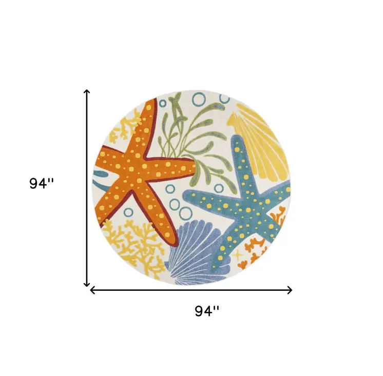 8' Blue Yellow And Orange Round Starfish Indoor Outdoor Area Rug