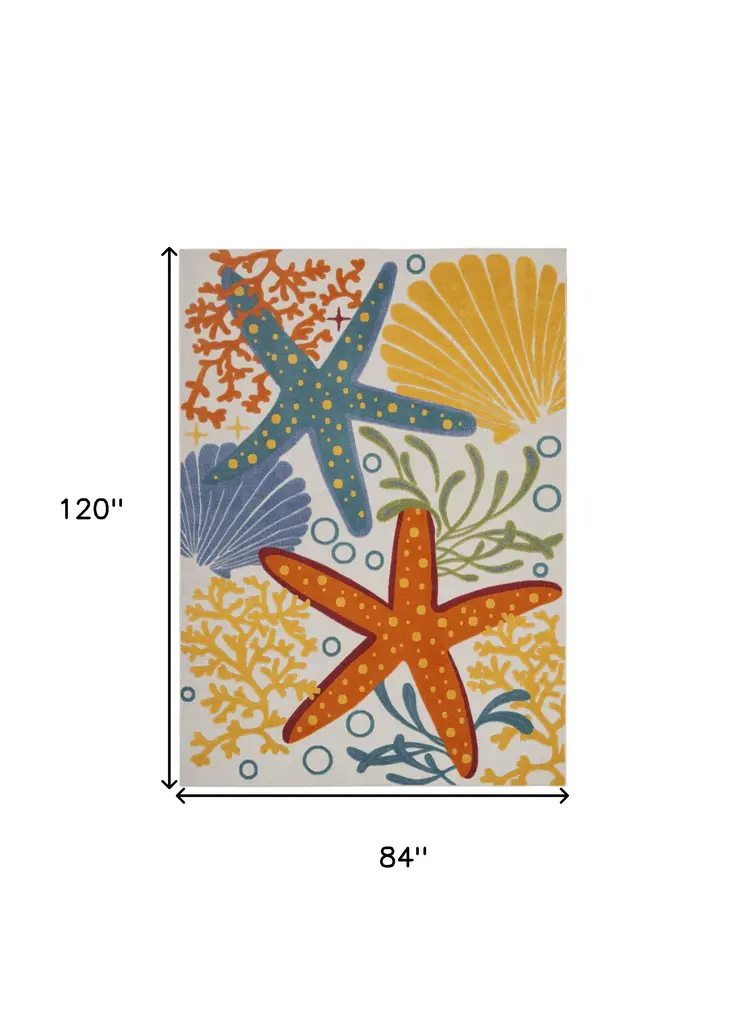 7' X 10' Blue Yellow And Orange Starfish Indoor Outdoor Area Rug