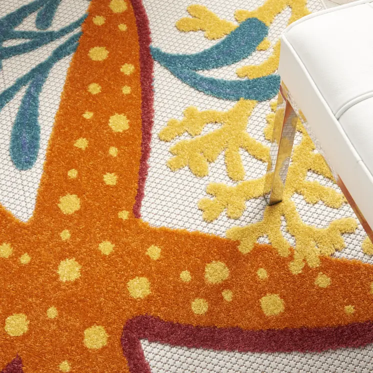 5' X 8' Blue Yellow And Orange Starfish Indoor Outdoor Area Rug