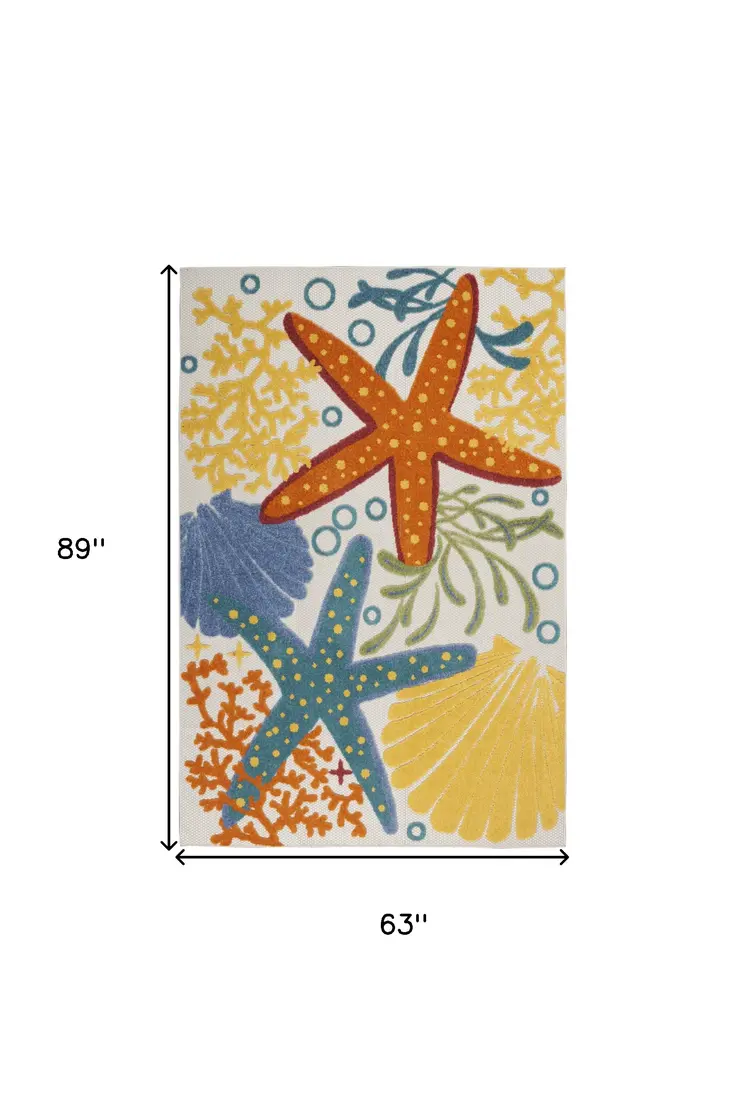 5' X 8' Blue Yellow And Orange Starfish Indoor Outdoor Area Rug