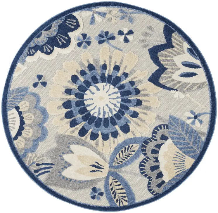 4' Blue And Gray Round Floral Indoor Outdoor Area Rug