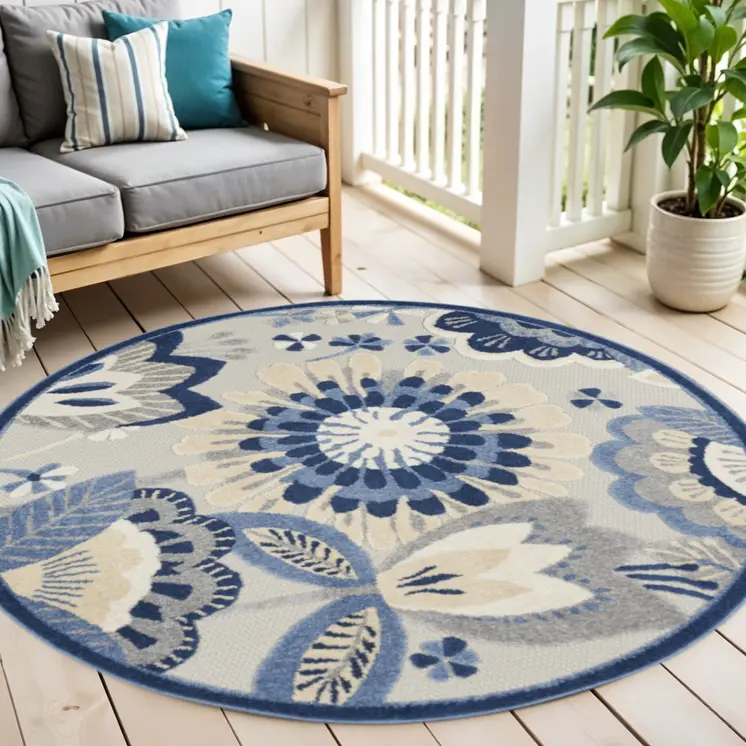 4' Blue And Gray Round Floral Indoor Outdoor Area Rug