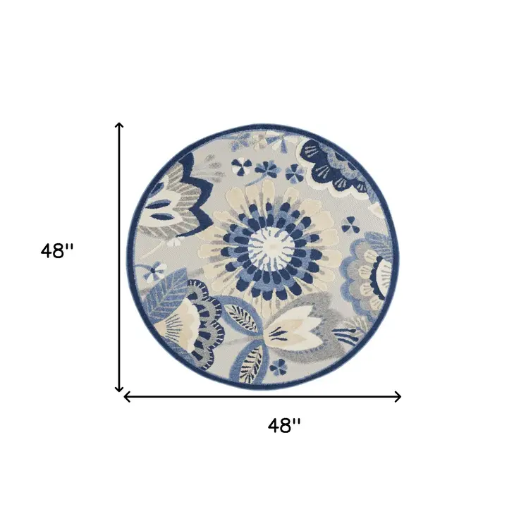 4' Blue And Gray Round Floral Indoor Outdoor Area Rug