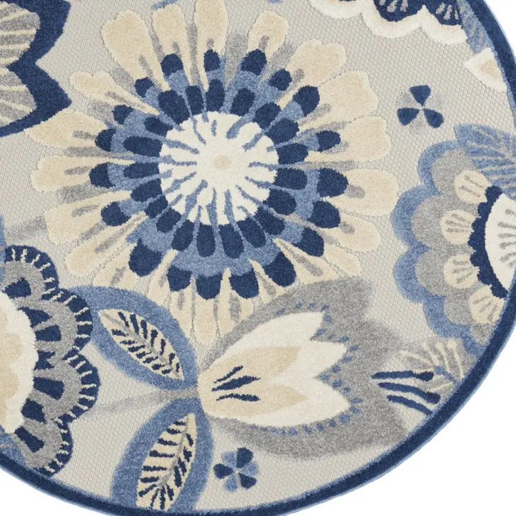4' Blue And Gray Round Floral Indoor Outdoor Area Rug