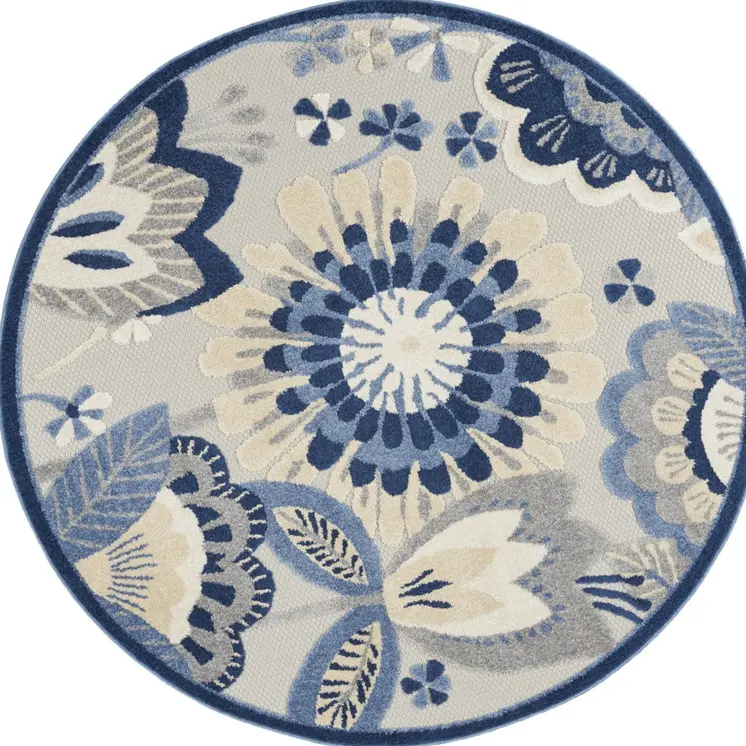 5' Blue And Gray Round Floral Indoor Outdoor Area Rug