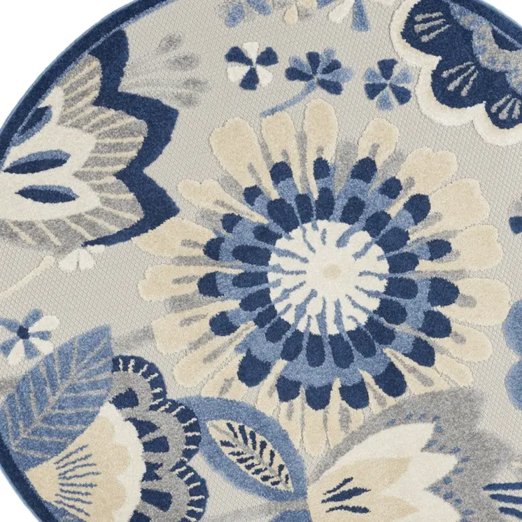 5' Blue And Gray Round Floral Indoor Outdoor Area Rug