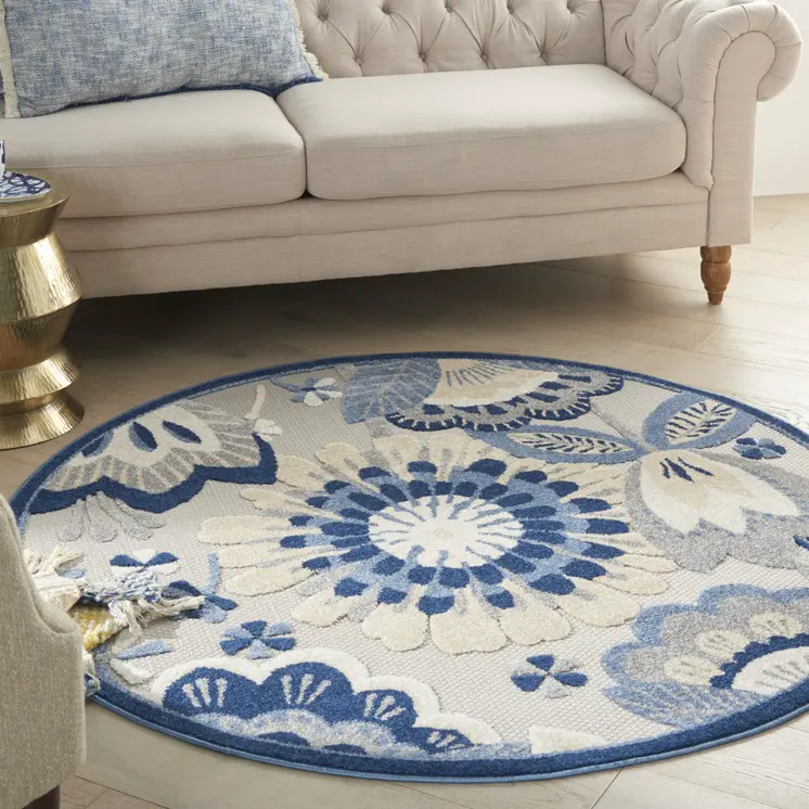 5' Blue And Gray Round Floral Indoor Outdoor Area Rug