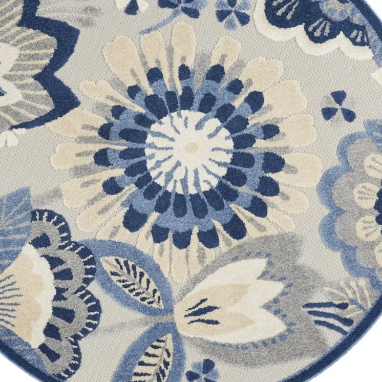 5' Blue And Gray Round Floral Indoor Outdoor Area Rug