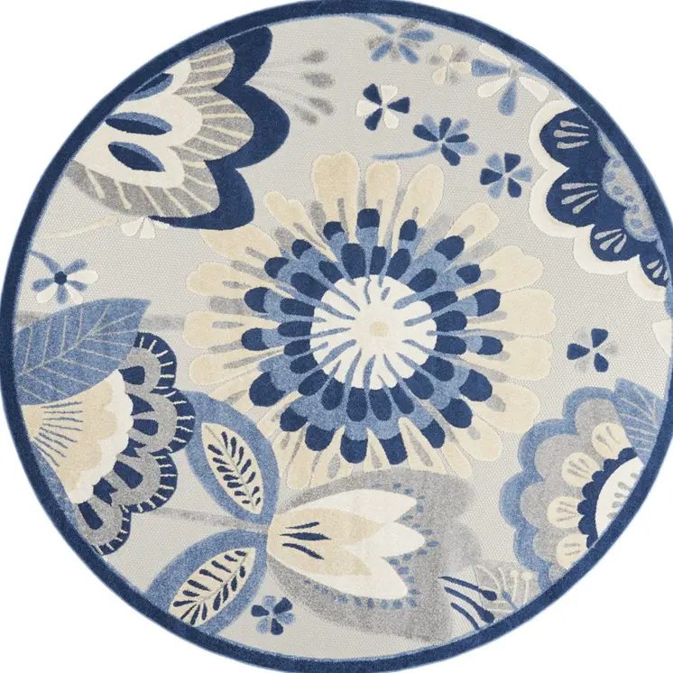 8' Blue And Gray Round Floral Indoor Outdoor Area Rug