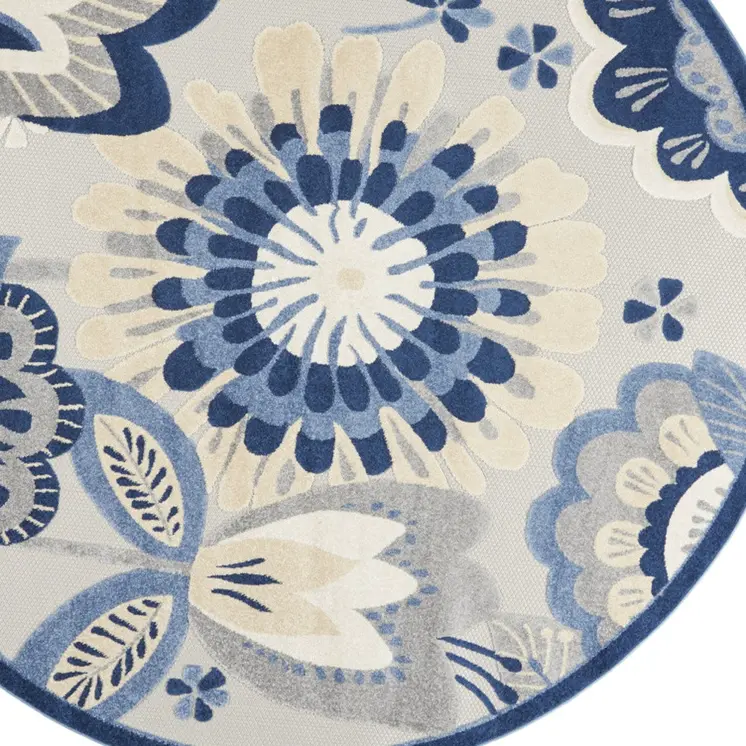 8' Blue And Gray Round Floral Indoor Outdoor Area Rug