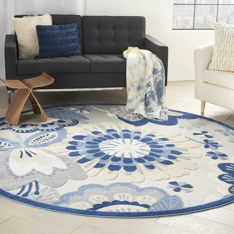 8' Blue And Gray Round Floral Indoor Outdoor Area Rug