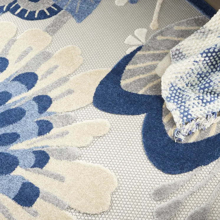 8' Blue And Gray Round Floral Indoor Outdoor Area Rug