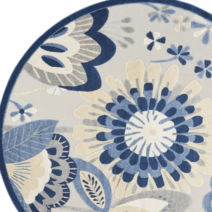 8' Blue And Gray Round Floral Indoor Outdoor Area Rug