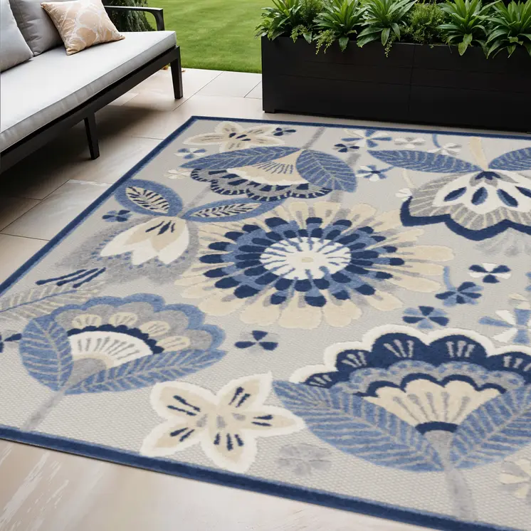 5' X 8' Blue And Gray Floral Indoor Outdoor Area Rug