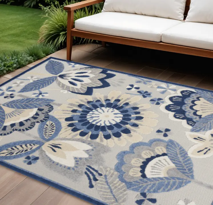 8' X 11' Blue And Gray Floral Indoor Outdoor Area Rug