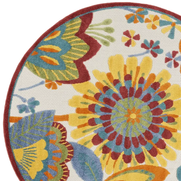 4' Ivory Blue Orange Red And Yellow Round Floral Indoor Outdoor Area Rug