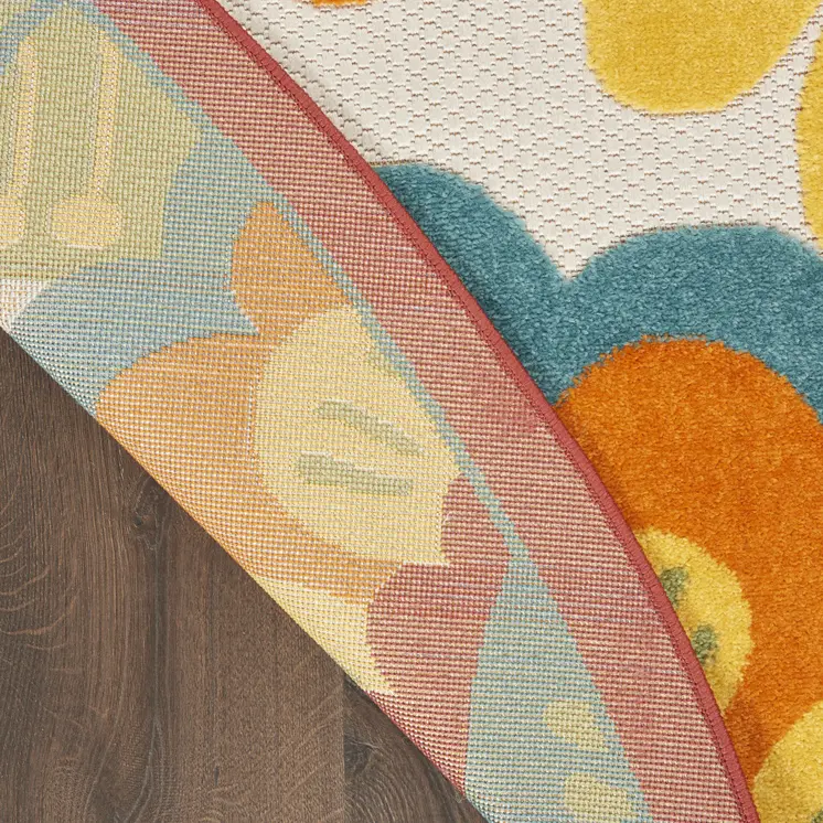 4' Ivory Blue Orange Red And Yellow Round Floral Indoor Outdoor Area Rug