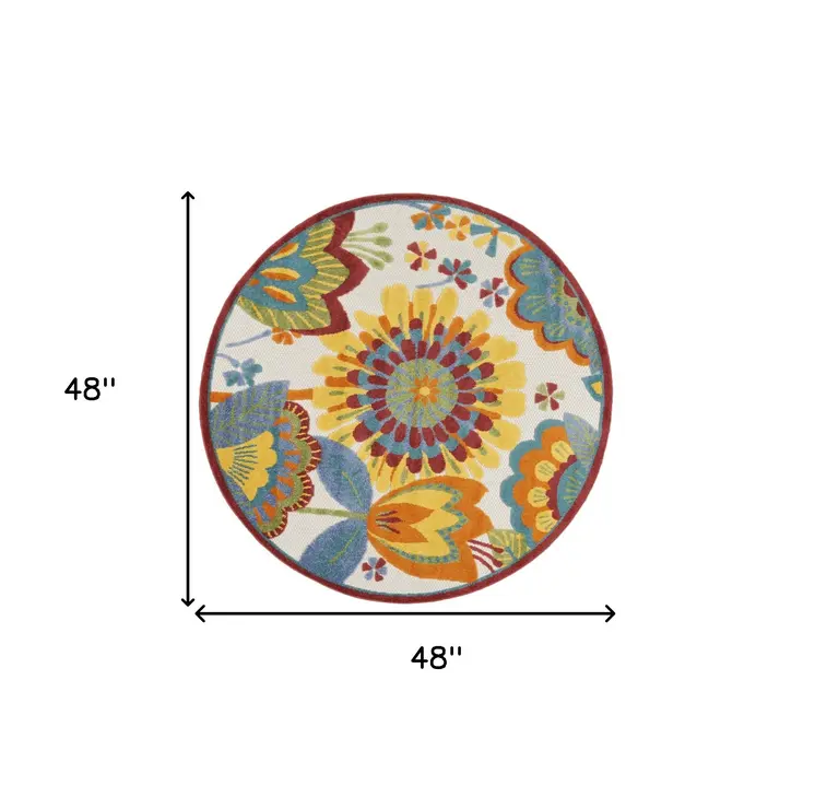 4' Ivory Blue Orange Red And Yellow Round Floral Indoor Outdoor Area Rug