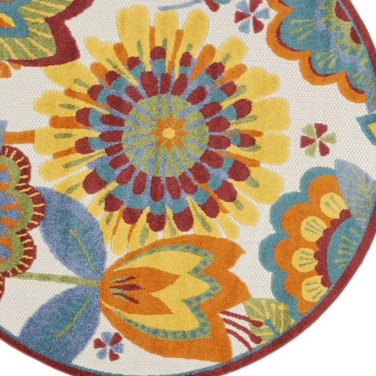 4' Ivory Blue Orange Red And Yellow Round Floral Indoor Outdoor Area Rug