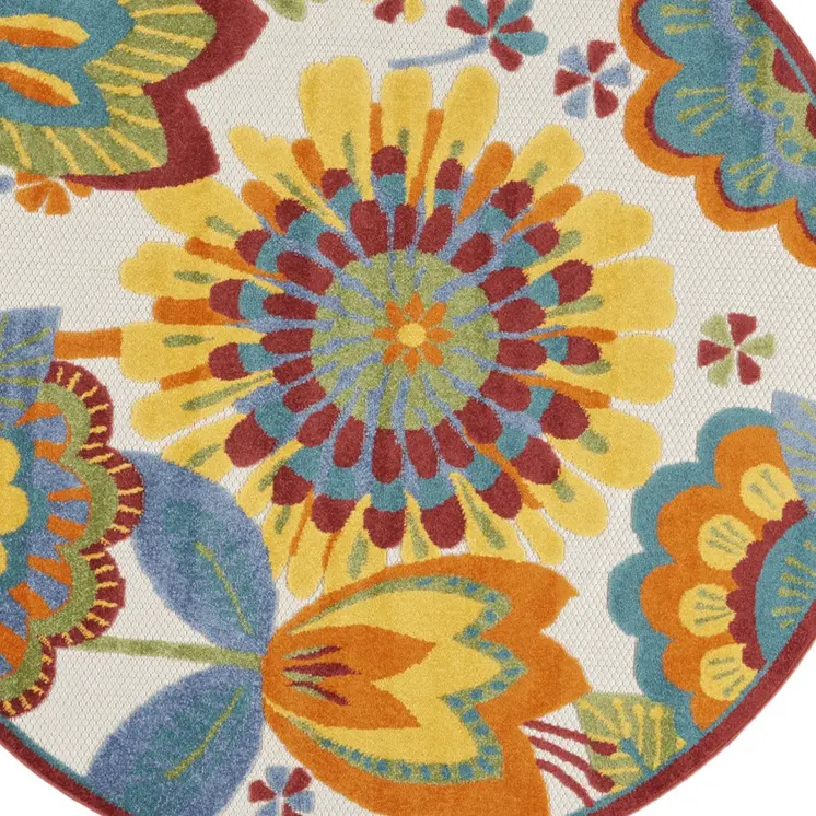 5' Ivory Blue Orange Red And Yellow Round Floral Indoor Outdoor Area Rug
