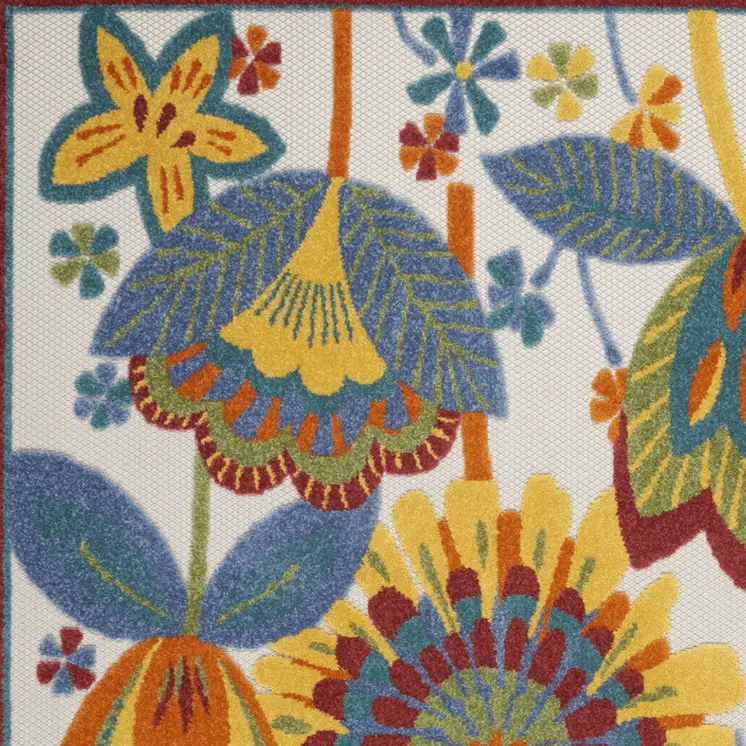 6' X 9' Ivory Blue Orange Red And Yellow Floral Indoor Outdoor Area Rug