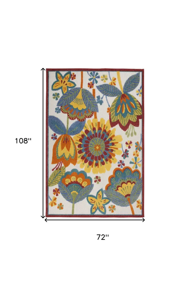 6' X 9' Ivory Blue Orange Red And Yellow Floral Indoor Outdoor Area Rug