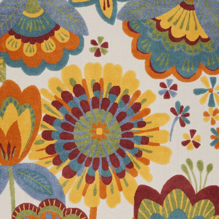 7' X 10' Ivory Blue Orange Red And Yellow Floral Indoor Outdoor Area Rug