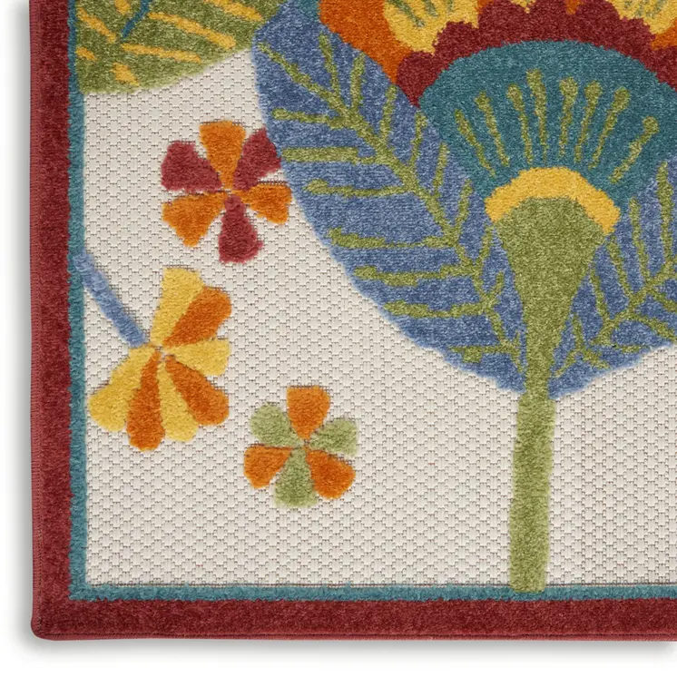7' X 10' Ivory Blue Orange Red And Yellow Floral Indoor Outdoor Area Rug
