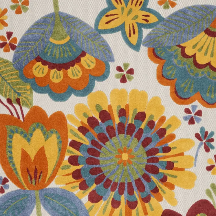 7' X 10' Ivory Blue Orange Red And Yellow Floral Indoor Outdoor Area Rug