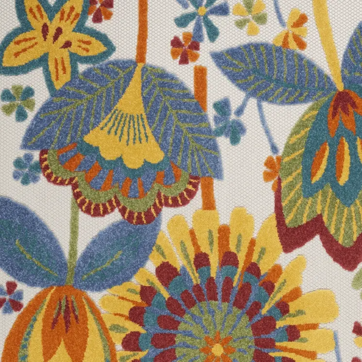 4' X 6' Ivory Blue Orange Red And Yellow Floral Indoor Outdoor Area Rug