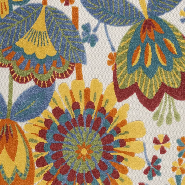4' X 6' Ivory Blue Orange Red And Yellow Floral Indoor Outdoor Area Rug