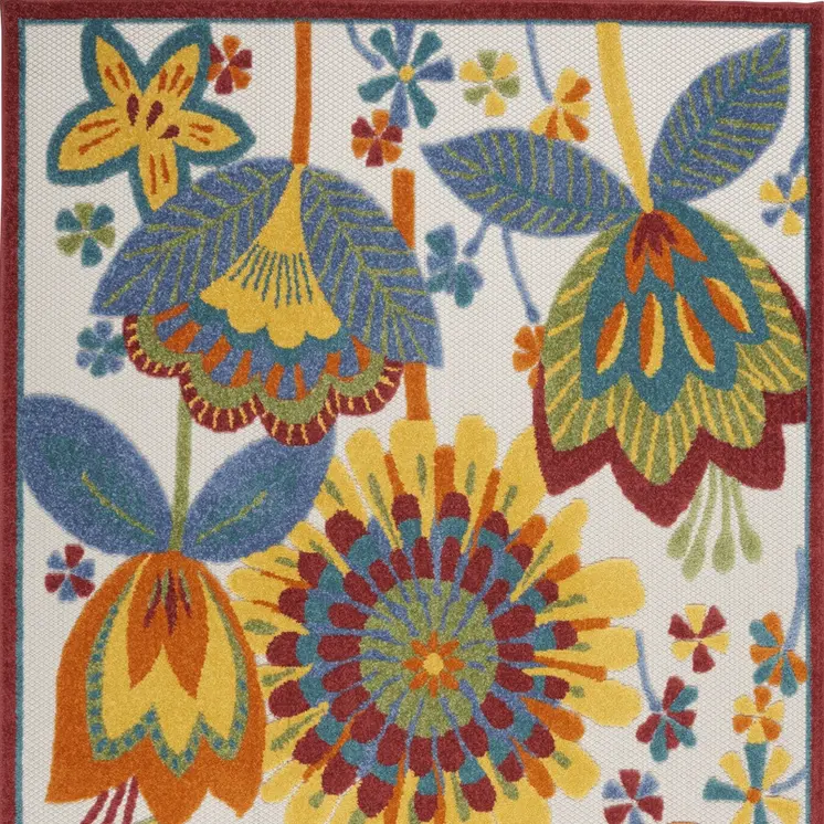 5' X 8' Ivory Blue Orange Red And Yellow Floral Indoor Outdoor Area Rug