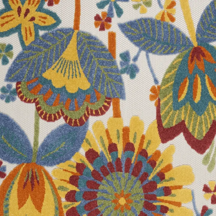 5' X 8' Ivory Blue Orange Red And Yellow Floral Indoor Outdoor Area Rug