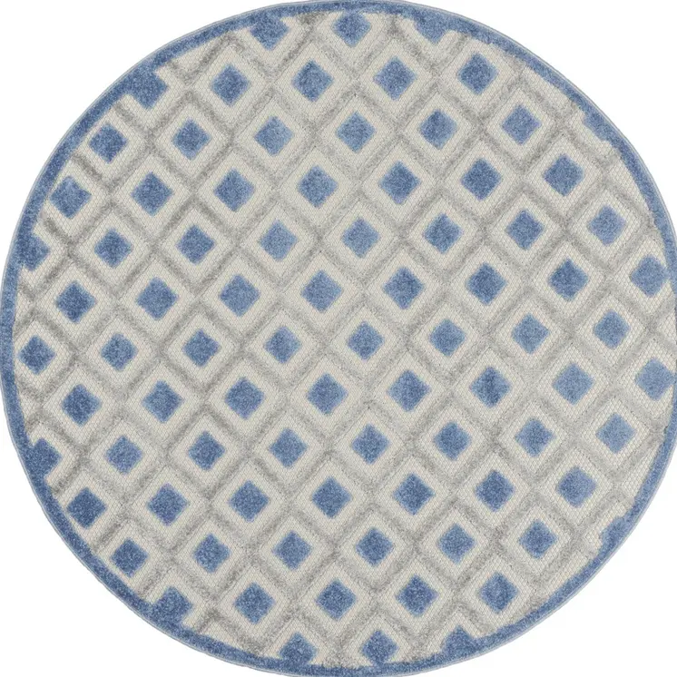 4' Blue And Gray Round Geometric Indoor Outdoor Area Rug