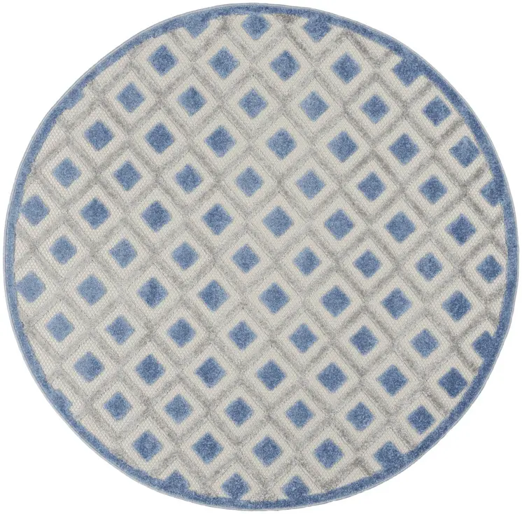 4' Blue And Gray Round Geometric Indoor Outdoor Area Rug
