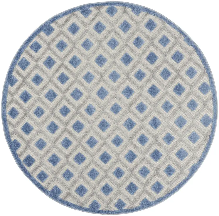 5' Blue And Gray Round Geometric Indoor Outdoor Area Rug