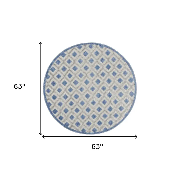 5' Blue And Gray Round Geometric Indoor Outdoor Area Rug
