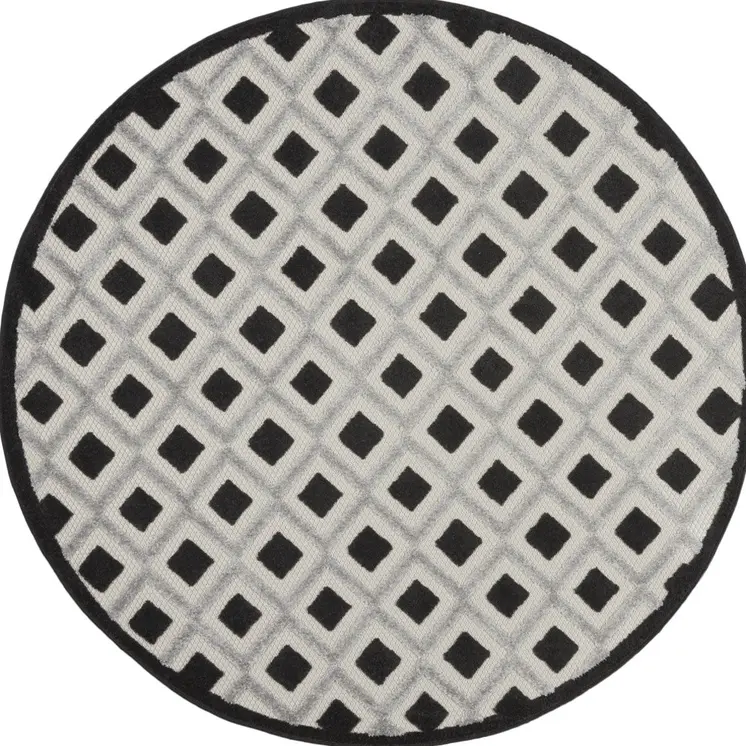 4' Black And White Round Geometric Indoor Outdoor Area Rug