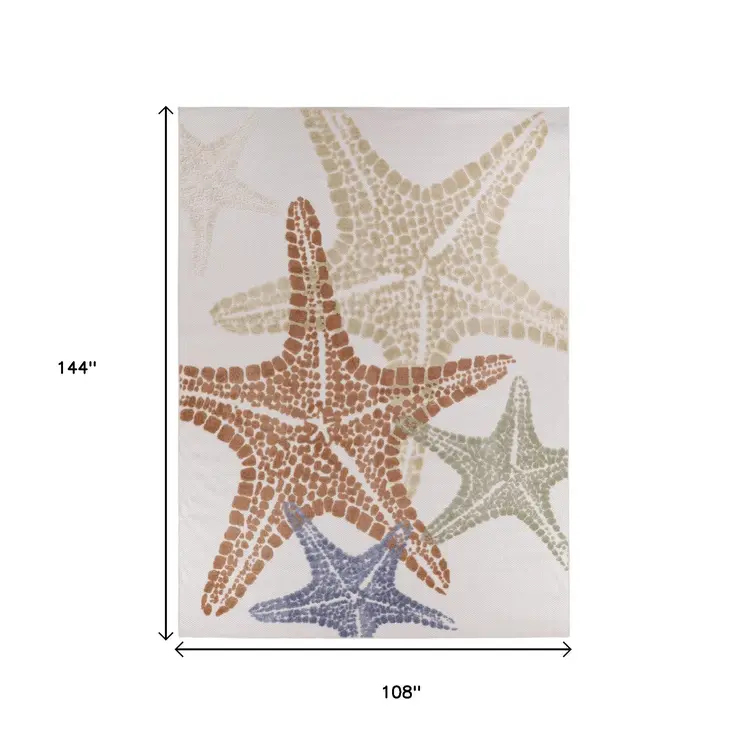 9' X 12' Ivory Blue Yellow Orange And Green Starfish Indoor Outdoor Area Rug