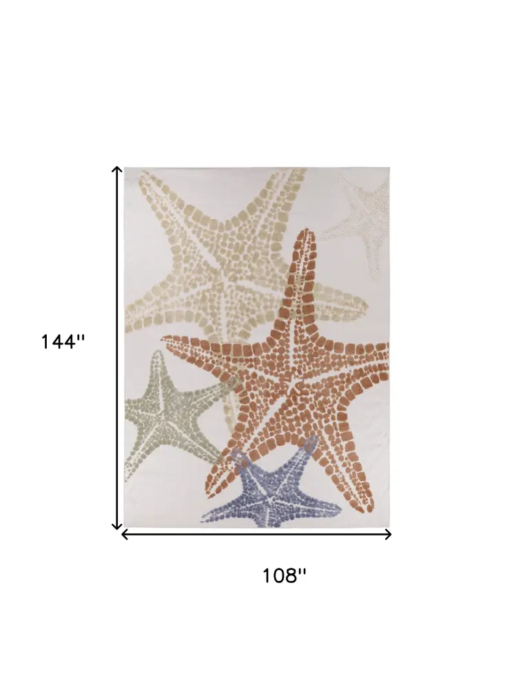 9' X 12' Ivory Blue Yellow Orange And Green Starfish Indoor Outdoor Area Rug