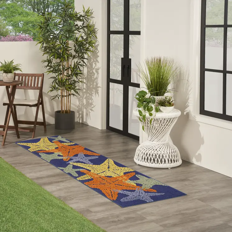 6' Blue Yellow And Orange Starfish Indoor Outdoor Runner Rug