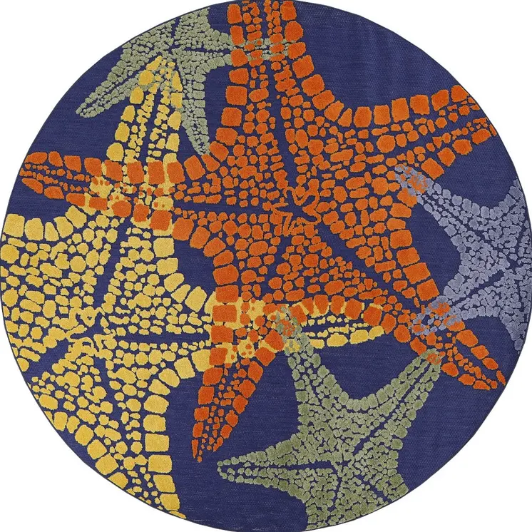 5' Blue Yellow And Orange Round Starfish Indoor Outdoor Area Rug