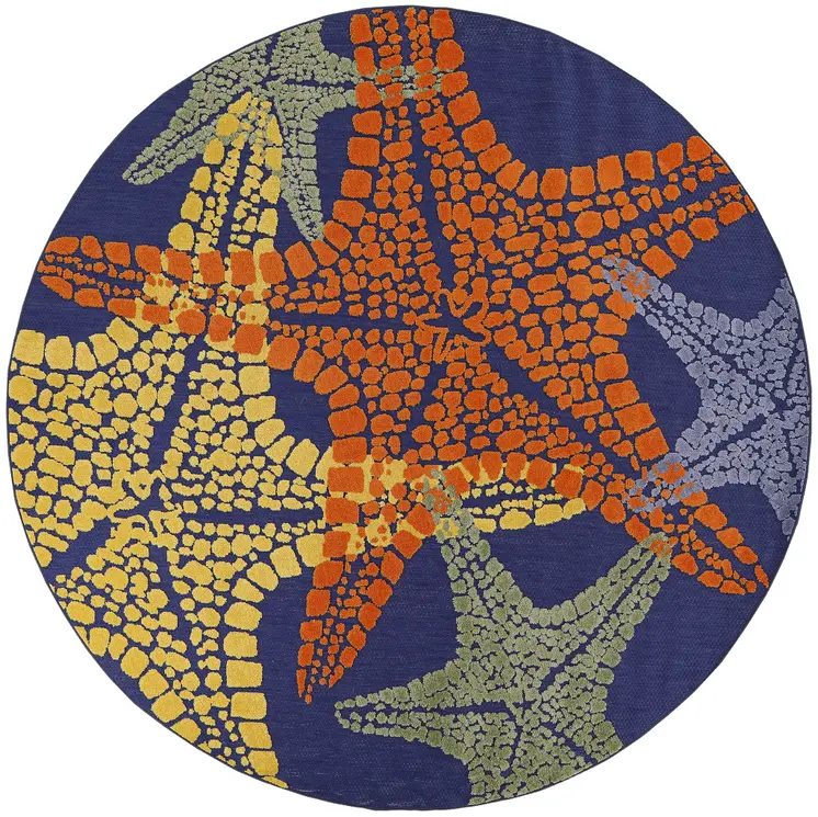 5' Blue Yellow And Orange Round Starfish Indoor Outdoor Area Rug