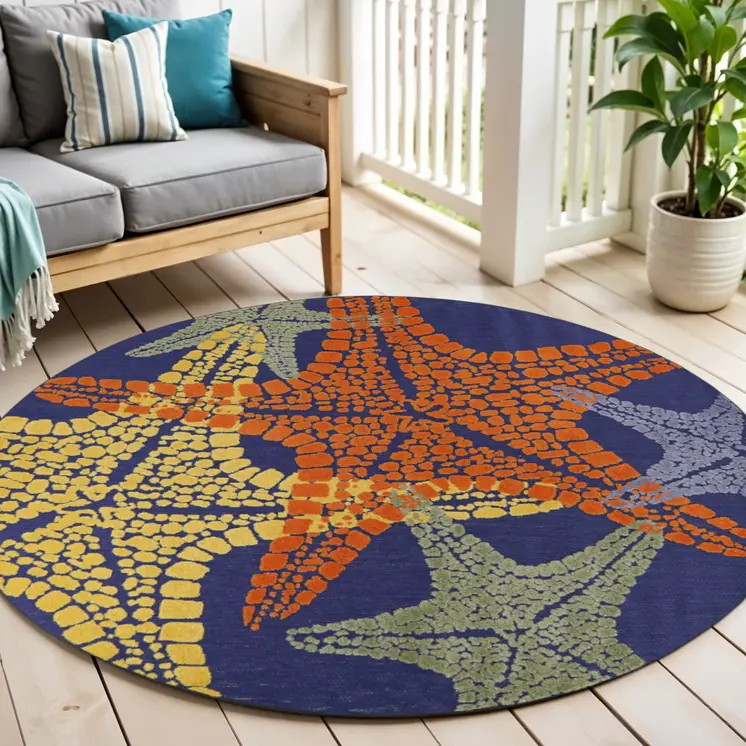 5' Blue Yellow And Orange Round Starfish Indoor Outdoor Area Rug